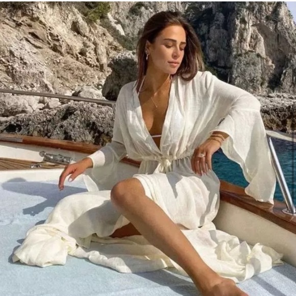 New Summer Bohemian White Gauzy Beach Long Maxi Dress Kimono - Picture 11 of 15